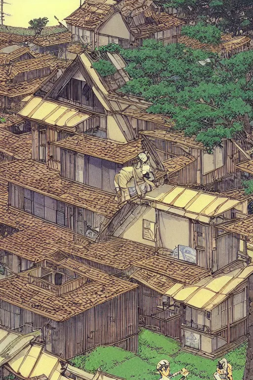 Prompt: beautiful anime illustration japanese rural homes morphing into giant cats, by moebius, masamune shirow and katsuhiro otomo