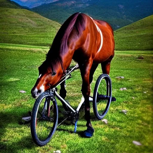 Image similar to horse on bicycle!, cycling!!, anthropomorphic!!, in the mountains, award winning photo,