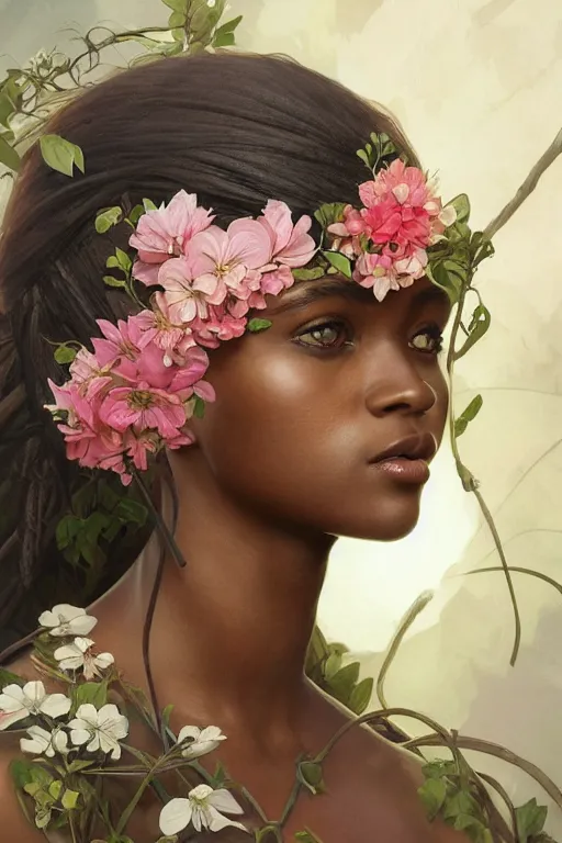 Prompt: ultra realistic illustration, a beautiful swahili girl with flowers blossoming from helmet, elegant, highly detailed, digital painting, concept art, smooth, sharp focus, illustration, art by artgerm and greg rutkowski and alphonse mucha