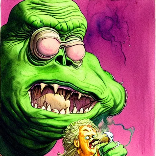 Prompt: a realistic and atmospheric watercolour fantasy character concept art portrait of slimer from ghostbusters with pink eyes wearing a wife beater and smoking a huge blunt by rebecca guay, michael kaluta, charles vess and jean moebius giraud