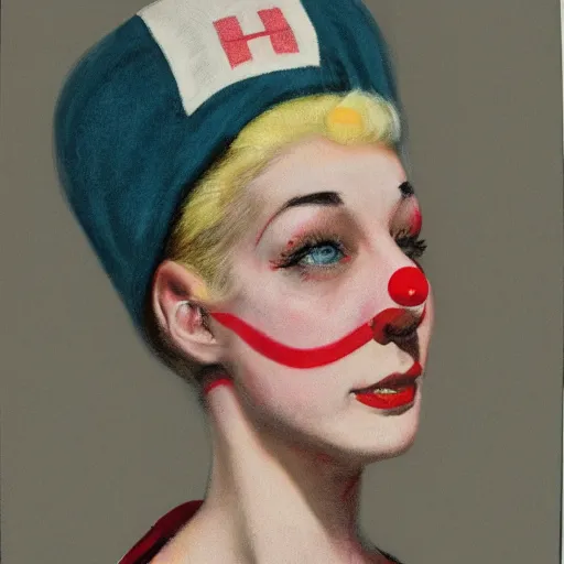 Image similar to retro 1 9 5 0 s clowncore pastel punk hospital nurse wearing stylish head - wear. detailed, portrait, 8 k, artwork by jean - baptiste monge