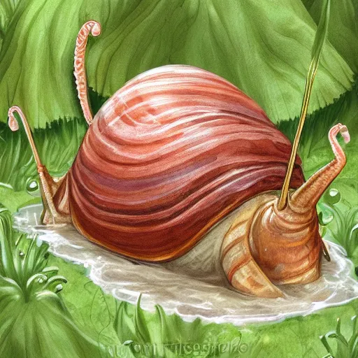 Image similar to friendly smiling giant snail in fantasy feywild swamp, illustration, realistic