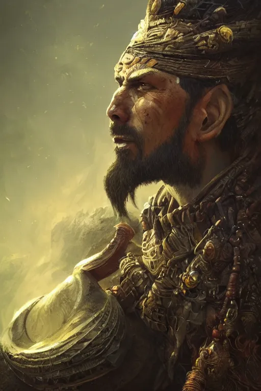 Image similar to gediminas pranckevicius jibaro hindu warrior, close - up portrait, fierce, intricate, elegant, volumetric lighting, scenery, digital painting, highly detailed, artstation, sharp focus, illustration, concept art, ruan jia, steve mccurry