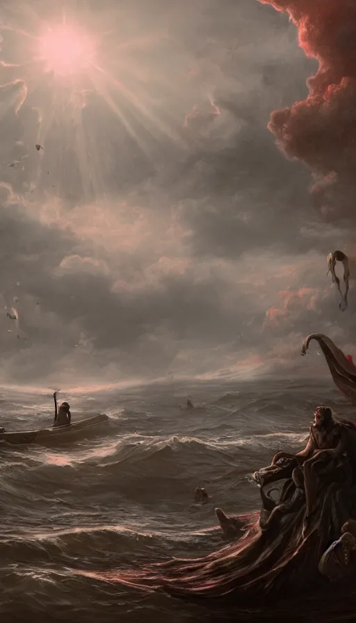 Image similar to man on boat crossing a body of water in hell with creatures in the water, sea of souls, by cgsociety