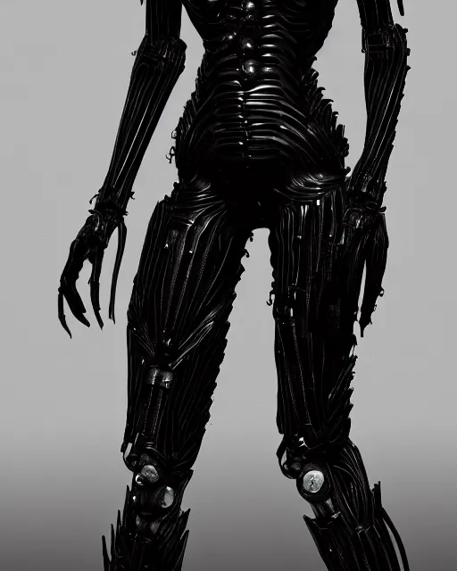 Image similar to H.R. Giger character design, black outfit with metallic and translucent parts. rib-cage is metallic. otherwordly humanoid. that steals faces. full body, render, trending on artstation, unreal engine 4k, detailed, Unreal engine, octane render