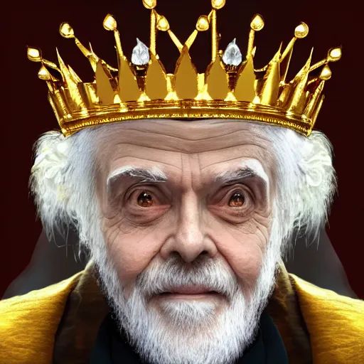 Image similar to James Randi with a diamond jeweled crown with a golden crown, photo-realistic, highly detailed, 8k, in the art style of Filip Hodas, 8k