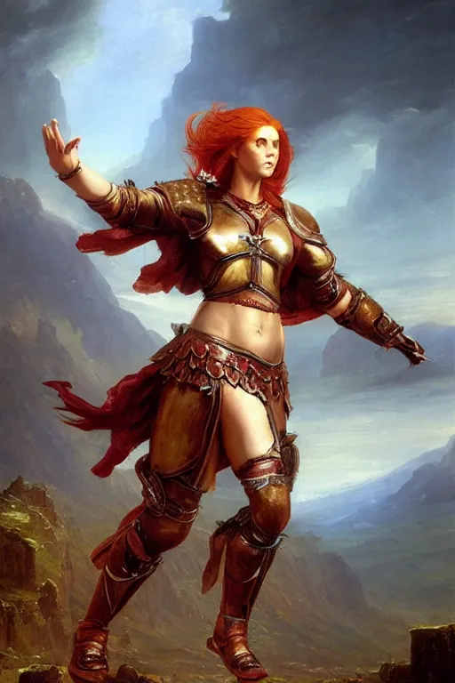 Image similar to beautiful female warrior, half body portrait, ginger hair, ornate armour, hand outstretched and pointing to the distance, realistic oil painting by Thomas Cole and Wayne Barlowe