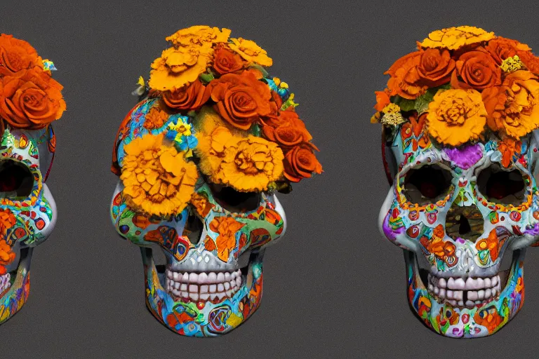 Image similar to dia de los muertos, calaveras and aztec marigold flowers designs by Jorge Gutierrez, 8k resolution, artstation trends cosmic light, detailed octane render