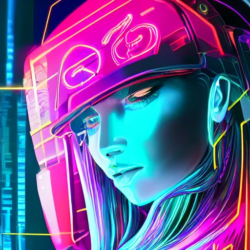 Prompt: digital illustration of A profile of a cyberpunk female,full metal overlay,neon colors,profile,neon background, f1.8, 50mm, vibrant light,leaks,sci-fi,futuristic,psychedelic,Surreal,minimalism,high detailed, intricate detail,high contrast, hyper realism 8k,trending on artstation.