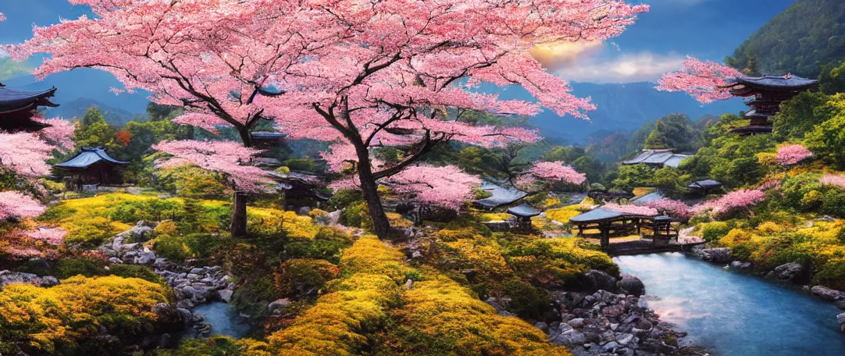 Prompt: a highly detailed, 4 k, alpine landscape with a cottage, dense sakura trees, fall, rural japan, new pixiv artist,
