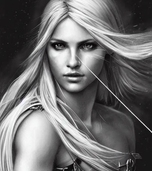 Image similar to portrait of very beautiful aphrodite goddess as an archer, arrow, beautiful piercing eyes, flowing blonde hair, realistic face, black and white drawing, in the style of greg rutkowski, fantasy, amazing detail, epic, intricate, elegant, smooth, sharp focus