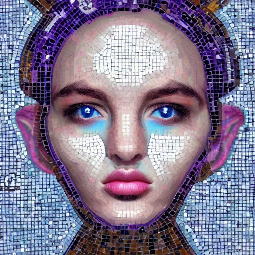 Image similar to portrait mosaic of a beautiful cute girl with robot ears and eyes by Emma Biggs, 4k, intricate details, digital, between heaven and hell