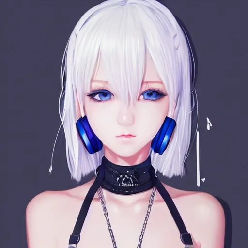 Image similar to realistic teasing detailed semirealism beautiful gorgeous cute Blackpink Lalisa Manoban white hair white cat ears blue eyes, wearing black camisole outfit, headphones, black leather choker full HD 4K high resolution quality WLOP, Aztodio, Taejune Kim, Guweiz, Pixiv, Instagram, Artstation