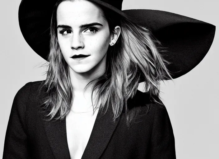 Image similar to photo portrait of emma watson with a funny hat, serious face, black and white, beautiful