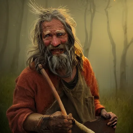 Image similar to realistic a human hobo druid with an axe beak, fantasy book, high detail, 8 k, octane render painting, dark fantasy