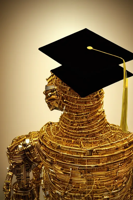 Prompt: a portrait of a graduating extremely detailed beautiful robot lots of complex gold wires and connections and wearing a highly detailed black graduation hat, realism. concept art. unreal engine 5, f / 1. 8, v - ray, ultra hd, 8 k, graduation photo, atmospheric beautiful background and beautiful lighting