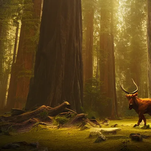 Prompt: minotaur in a redwood forest, sunlit, octane render, matte, greg rutkowski, highly detailed, hdr