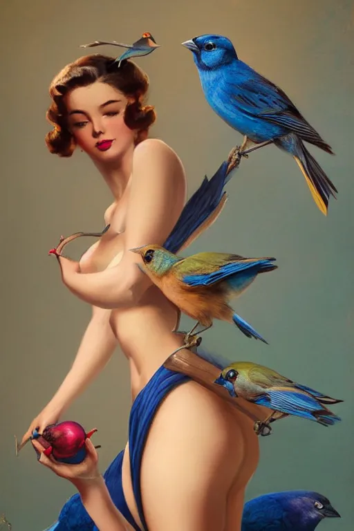 Prompt: hyper realistic painting, tasteful pinup girl holding an indigo bunting, bird, the bird is wearing a bowtie, by greg rutkowski, rossdraws, gil elvgren, enoch bolles, anime, porcelain glistening skin, very coherent