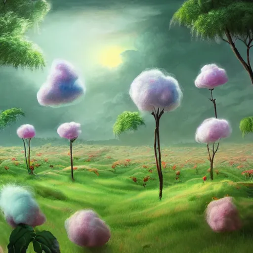 Image similar to a detailed matte painting of a field of cotton candy plants, cgsocidety, fantasy art