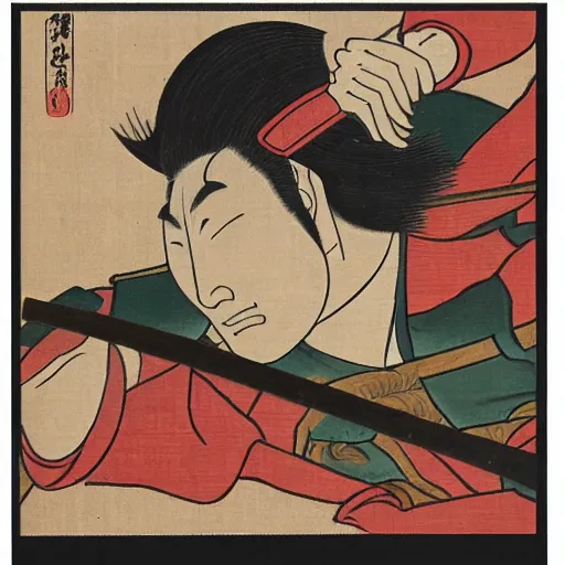 Image similar to Edo period Japan Ronin cleaning his sword in the style of an ancient painting