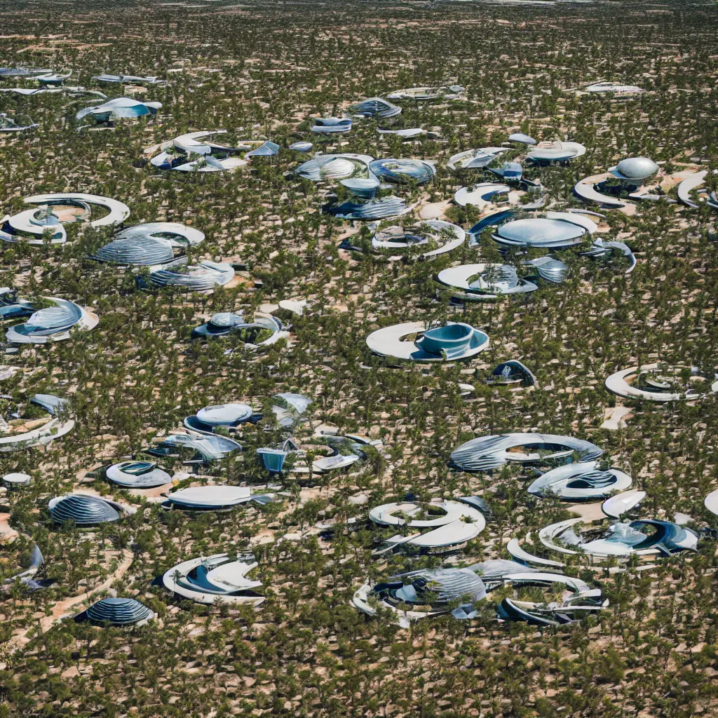 Prompt: aerial view of beautiful and artistic futuristic commune in the australian outback, parks, recreation, village, high technology, biomimetic, urban planning, XF IQ4, 150MP, 50mm, F1.4, ISO 200, 1/160s, natural light