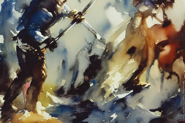 Prompt: small centered on watercolor paper, paint brush strokes, abstract watercolor painting of forge, medieval swordmaker, cinematic light, national romanticism by hans dahl, by jesper ejsing, by anders zorn, by greg rutkowski, by greg manchess, by tyler edlin