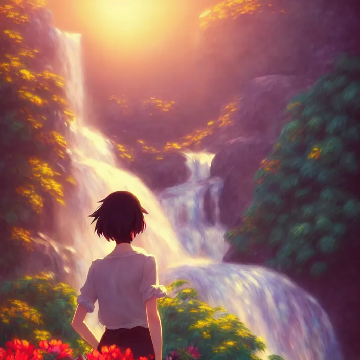 Image similar to an epic makoto shinkai and renoir surreal landscape of a woman's brown hair mixed with a waterfall, 🌺, golden hour, ultra smooth, lois van baarle, ilya kuvshinov, unreal engine, blender, trending on artstation, suntur, caleb worcester, highly detailed, photorealism, bloom effect 8 k