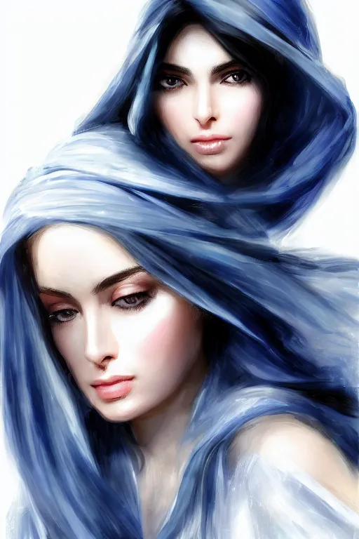 Image similar to Ameera al-Taweel, blue eyes, long wavy black hair, white veil, closeup, focus face, elegant, highly detailed, centered, digital painting, artstation, concept art