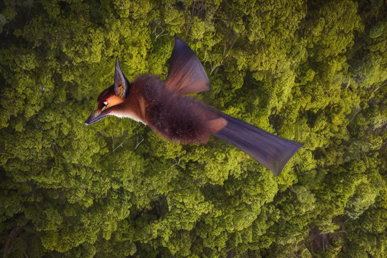 Prompt: Flying Fox, Nature photography, airborne, mid-flight, professional photo, 8k