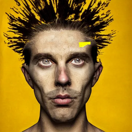 Image similar to a beautiful performance art of a self - portrait of the artist. he is shown with his head turned to the left, looking at the viewer. his hair is wild and his eyes are wide open. his right hand is raised, as if he is pointing at something. goldenrod by ingrid baars apocalyptic