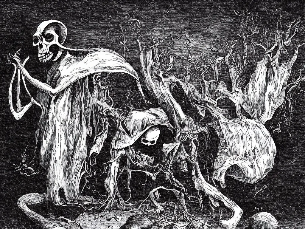 Prompt: the grim reaper death reaping a mushroom soul. Fine art engraving by Gustavo dore. 1868.