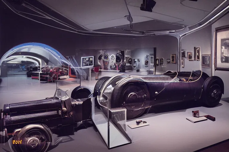 Image similar to cyberpunk 1 9 2 6 bugatti type 3 5, volumetric lighting, in a museum, museum exhibit, museum lighting, 9 0 s film photo