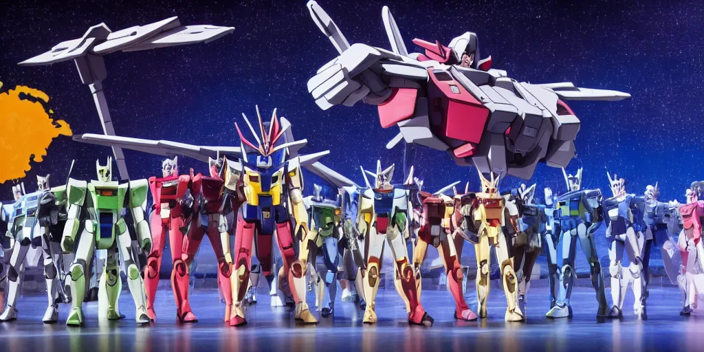 Image similar to a photo from the broadway production of'gundam the musical! ', musical theater, depth of field, hyperrealistic, realistic!, ultra detailed