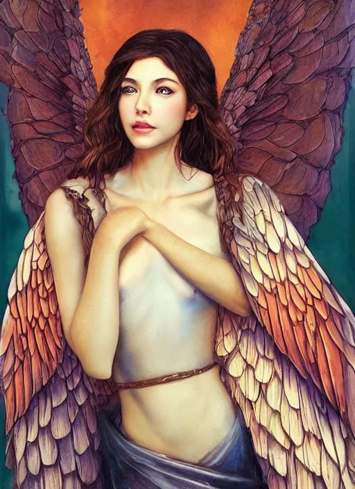 Image similar to a candid portrait of a female angel wrapped in cloth, her wings are fallen open by her side, in a roman castle, highly detailed, by tran nguyen and artgerm, warm colors