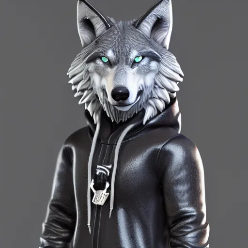 Image similar to Wolf dressed black hoodie, as a figurine, octane render, unreal engine, 3D rendering, studio, light, artstation