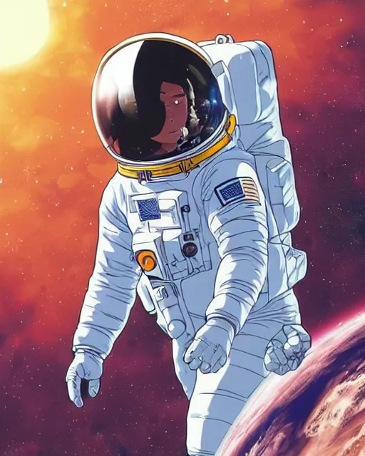Prompt: astronaut with a damaged suit floating in space, desaturated colors, art by makoto shinkai and alan bean, yukito kishiro