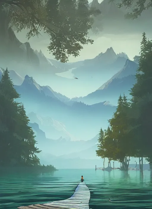 Image similar to a beautiful lake, poster art by emiliano ponzi, behance contest winner, environmental art, matte drawing, storybook illustration, 2 d game art