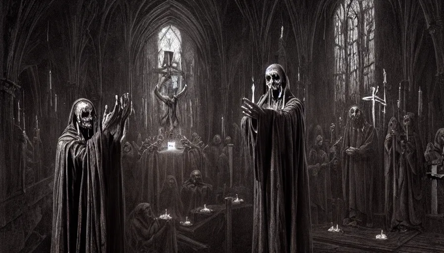Prompt: dark rotting priest conducts rite of baptism, death church, blood, crosses, religion, death, fear, horror, ultra realistic, hyperrealism, perfect faces, fine details, detailed and intricate environment, by barlowe, by wayne, by gigger, 4 k