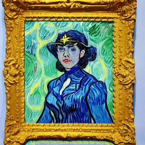 Image similar to Portrait painting of modern Vincent Van Gogh but in a Wonder Woman costume cosplaying as Gal Godot Wonder Woman Superhero by Claude Monet, original Post Impressionist art