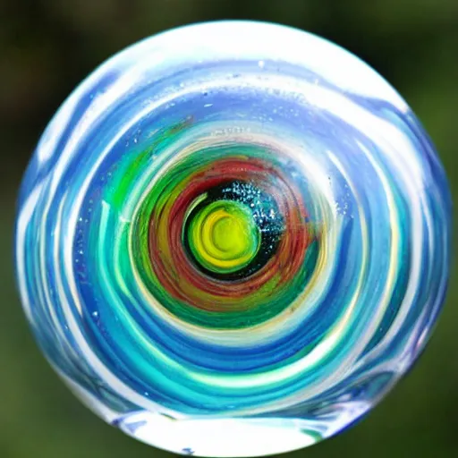 Prompt: A glass ball that is filled half way with swirling color-changing fluid