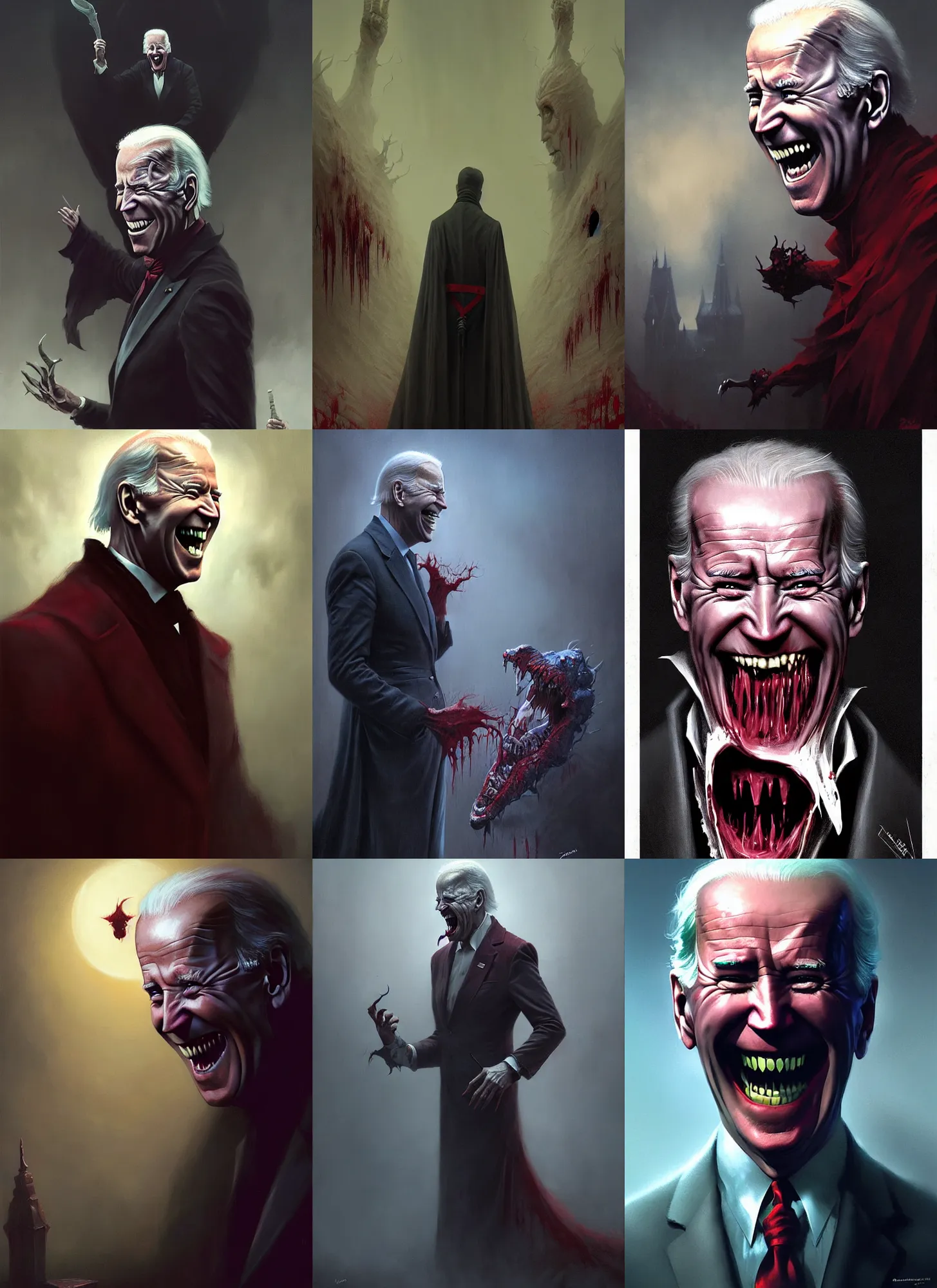 Prompt: joe biden as dracula, digital art by greg rutkowski, crazy laughing, horror art by dariusz zawadzki, wayne barlowe, zdzisław beksinski