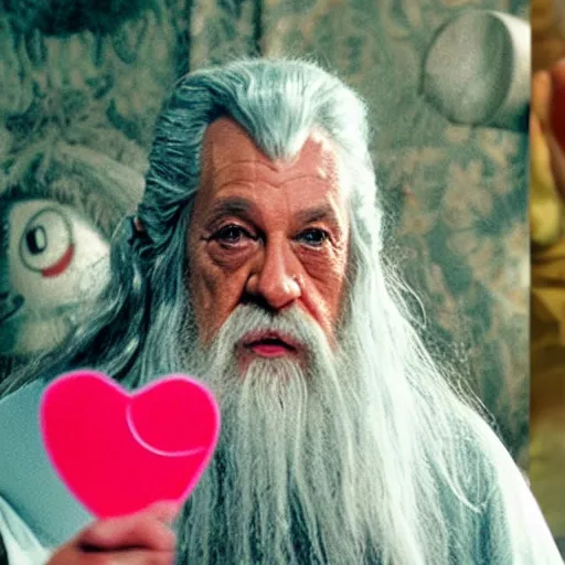 Image similar to portrait of Gandalf dressed up as hello kitty, holding up a playing card to the camera, movie still from Lord of the Rings