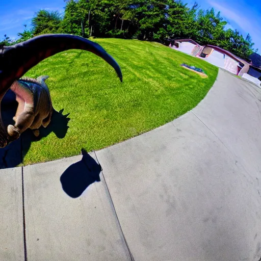 Image similar to fisheye view of dinosaur stealing packages, ring doorbell view