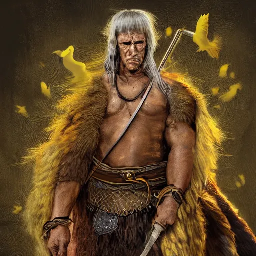 Image similar to an old man with 7 yellow birds, epic fantasy, conan the barbarian, high detail, digital art