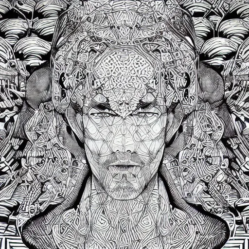 Image similar to Geometrically surreal Jesus, extremely high detail, photorealistic, intricate line drawings, dotart, album art in the style of James Jean