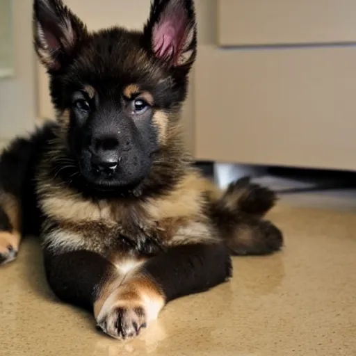 Prompt: German Shepherd puppy takes a bath