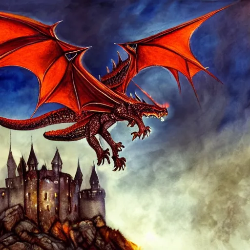 Prompt: a majestic , magnificent fire breathing dragon flying over a medieval castle under a dark starred sky, dark fantasy, watercolor, dreaming illusion, highly detailed, 4k, trending on Artstation, award-winning