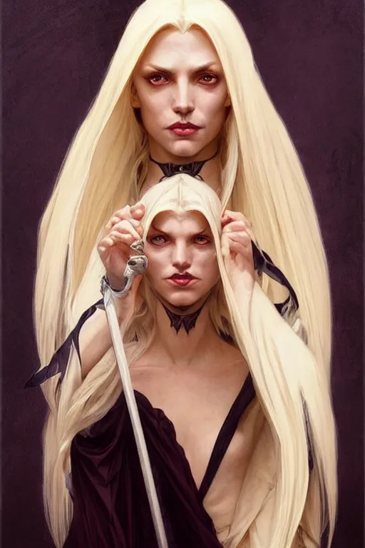 Image similar to portrait of an old blonde vampire mage, dark, piercing eyes, gentle expression, elegant clothing, photorealistic, highly detailed, artstation, smooth, sharp focus, art by michael whelan, artgerm, greg rutkowski and alphonse mucha