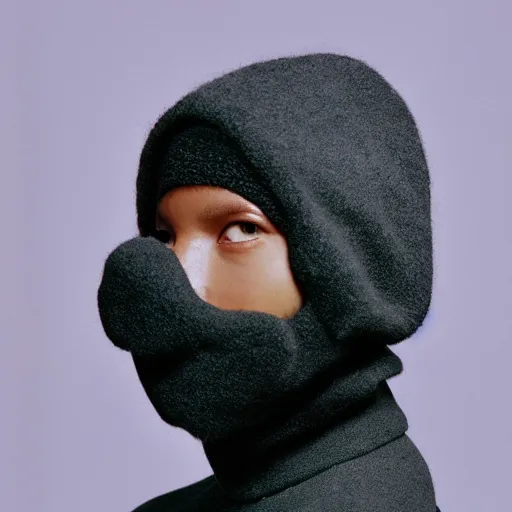 Image similar to realistic! photoshoot for a new balenciaga lookbook, color film photography, portrait of a beautiful woman wearing a balaclava puffer mask, photo in style of tyler mitchell, 35mm lens