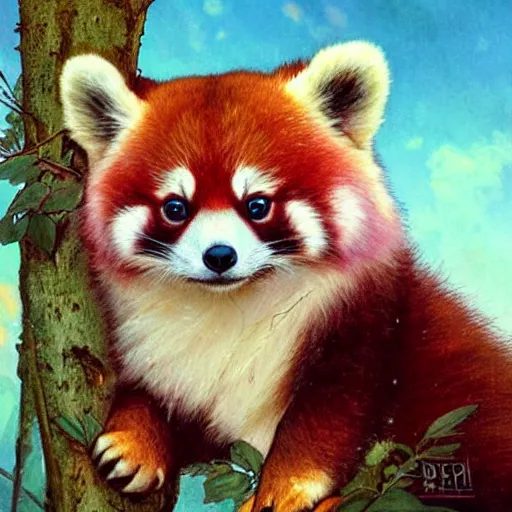 Prompt: cute red pandas in a tree, puppy eyes, digital art, hyperrealistic, greg rutkowski, alphonse mucha, lovely, pastel pink and blue sky